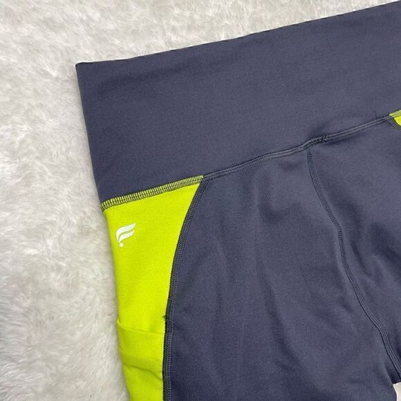 Fabletics Powerhold High Waisted Shorts Navy Blue Yellow Size Small - Picture 5 of 10